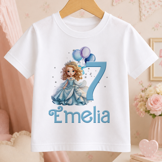 White children's t-shirt with a princess in a blue dress, balloons, personalised age number and name printed beneath