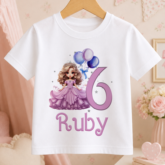 White cotton t-shirt printed with a princess in a lilac dress, balloons and a personalised name