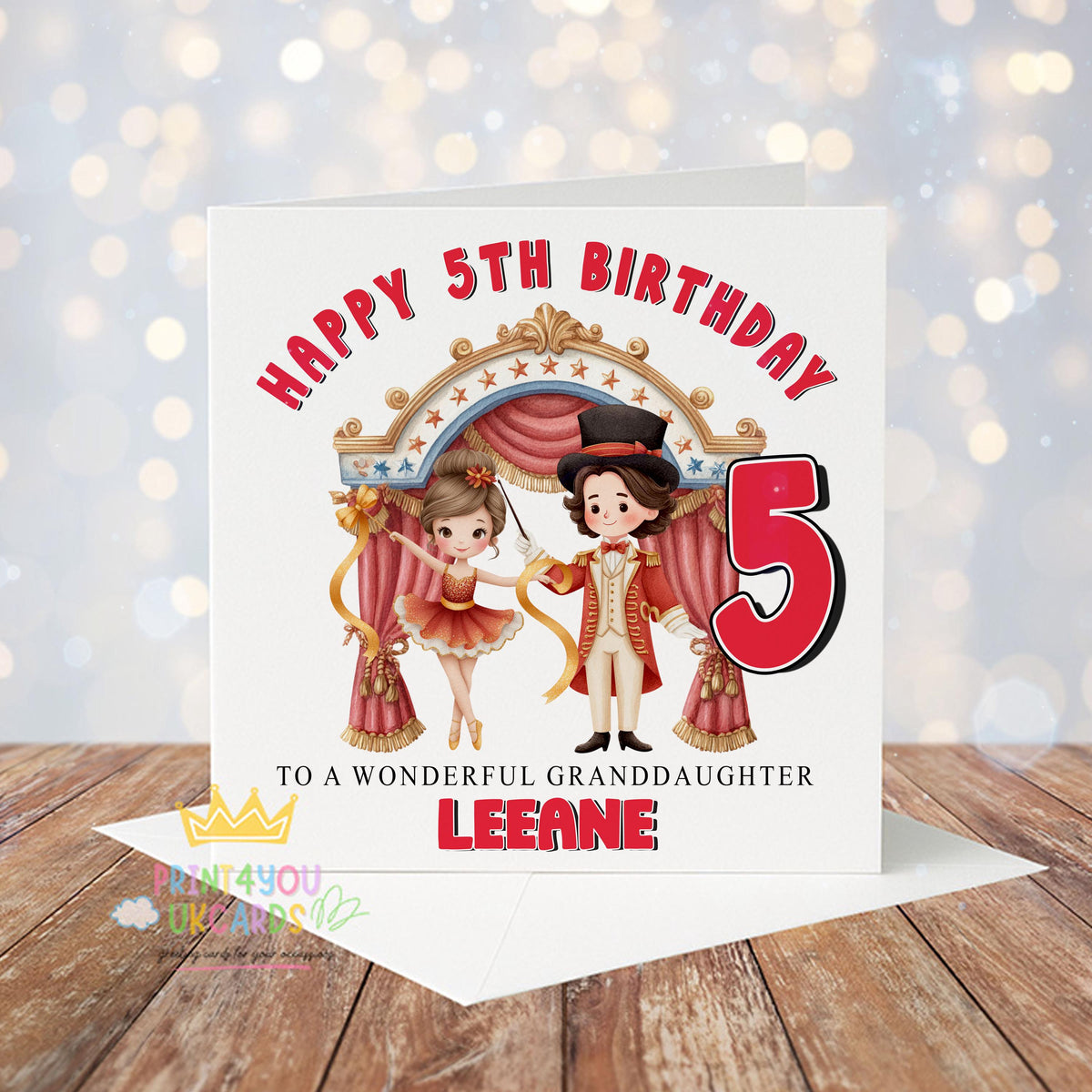 Front view of the personalised circus birthday card featuring a colourful ringmaster design on a square 6x6 inch card.