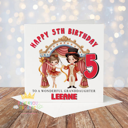 Front view of the personalised circus birthday card featuring a colourful ringmaster design on a square 6x6 inch card.