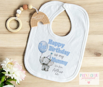 Cute Elephant personalised sleepsuit for a first birthday, printed with a blue balloon and custom name.