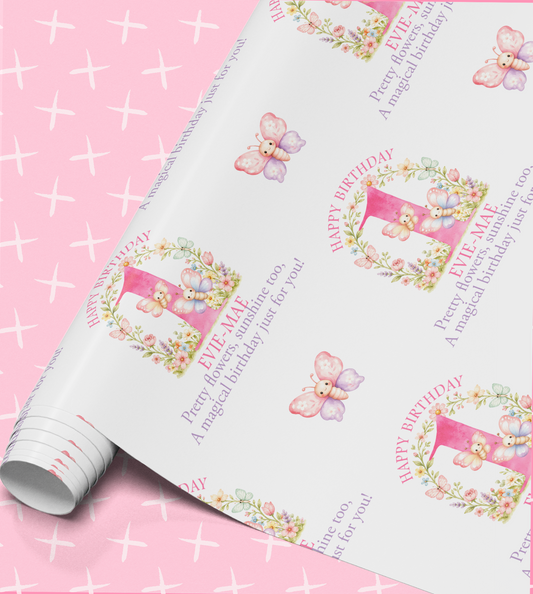 a pink background with a roll of wrapping paper that has a repeating pattern of butterflies and flowers. The paper has a pink and white color scheme and includes text that reads "Happy Birthday" and "Eve ME".