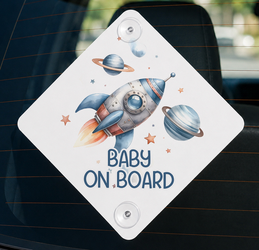 Diamond-shaped baby on board car sign featuring a space rocket and planets design
