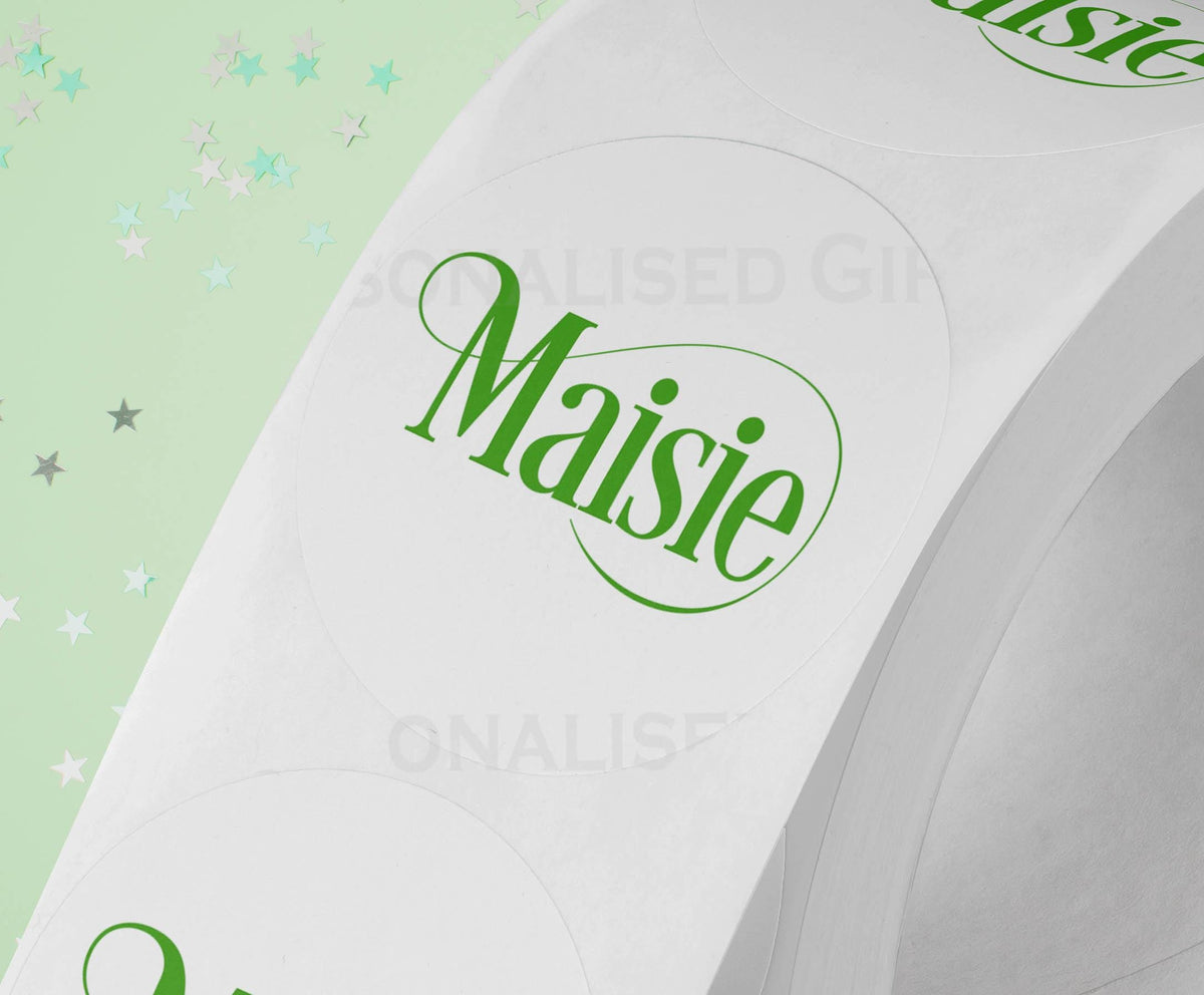 Personalised colourful festive name sticker stuck onto a party bag with a custom name