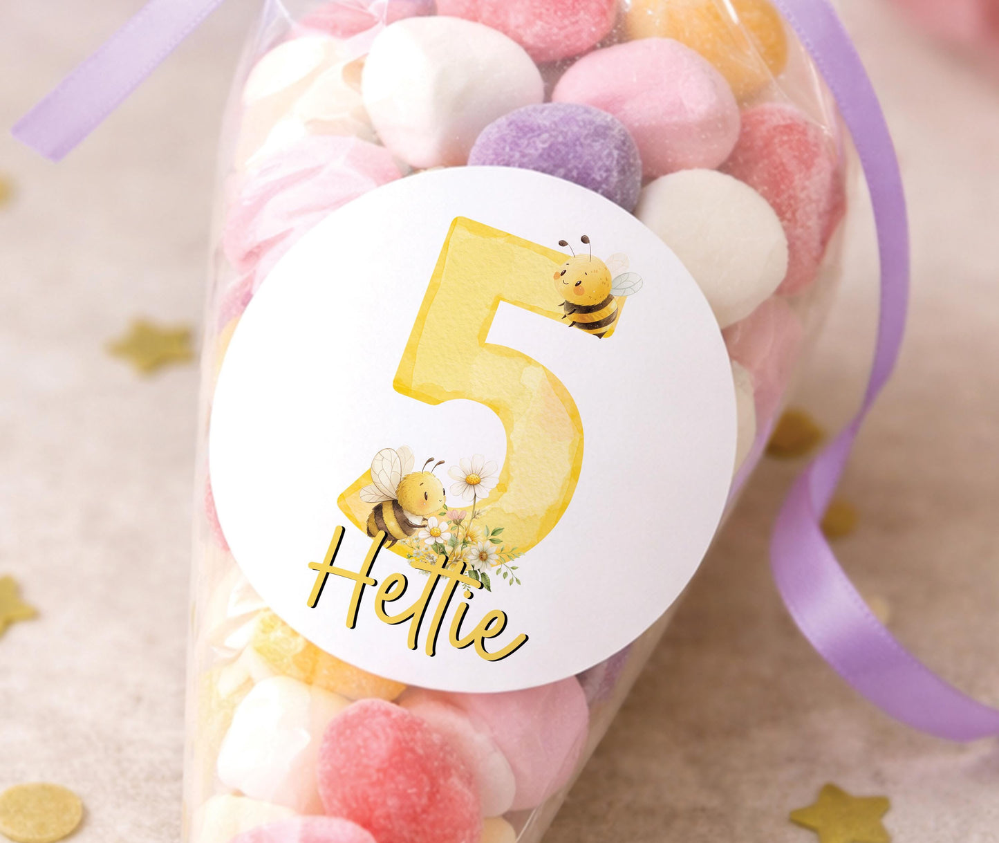 Sheet of glossy personalised bee birthday party bag stickers
