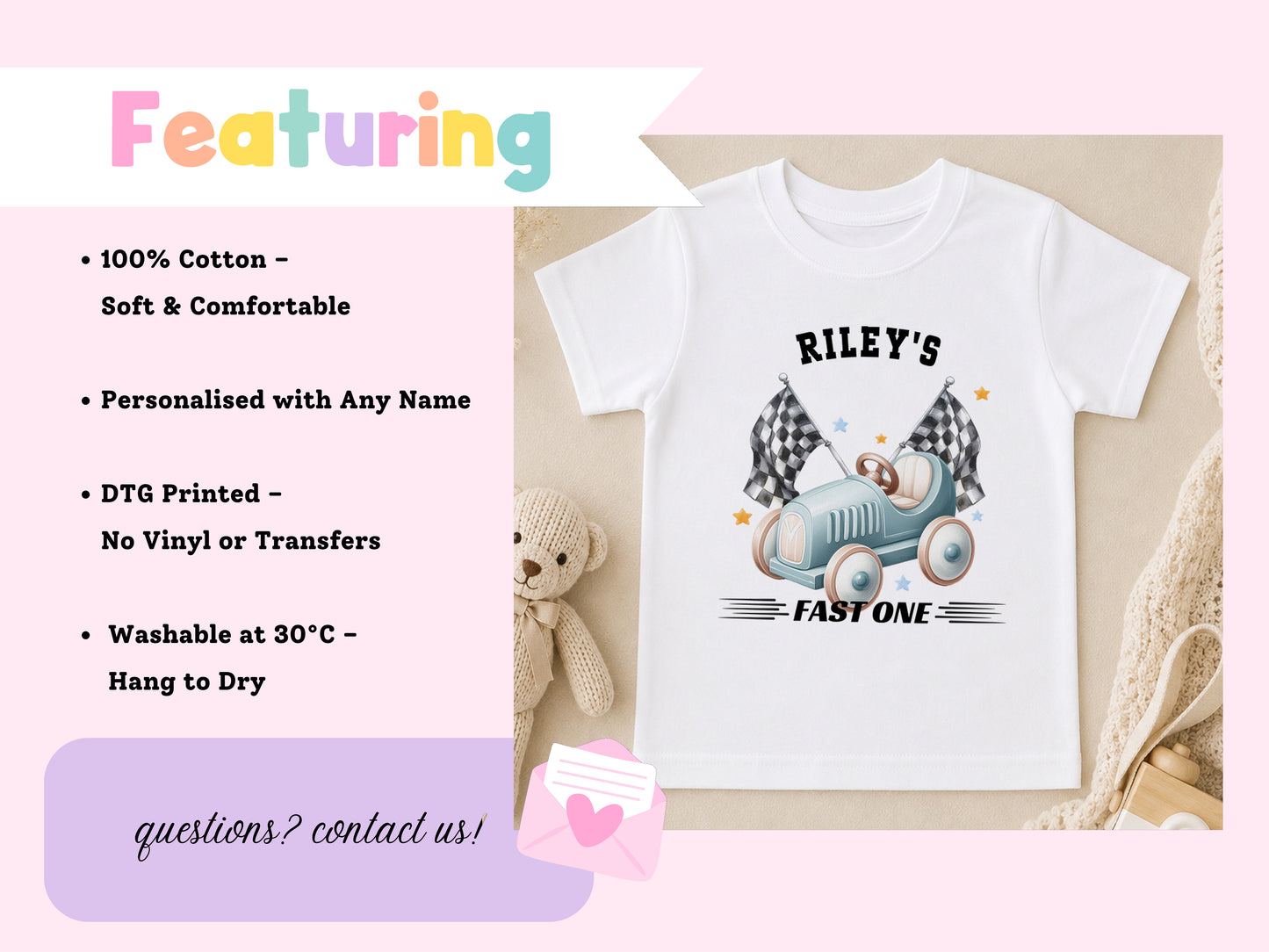 White t-shirt printed with a car and chequered flags design, styled alongside a small teddy bear.