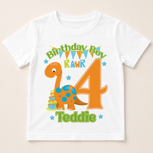 A white t-shirt with a dinosaur and birthday text printed on it.