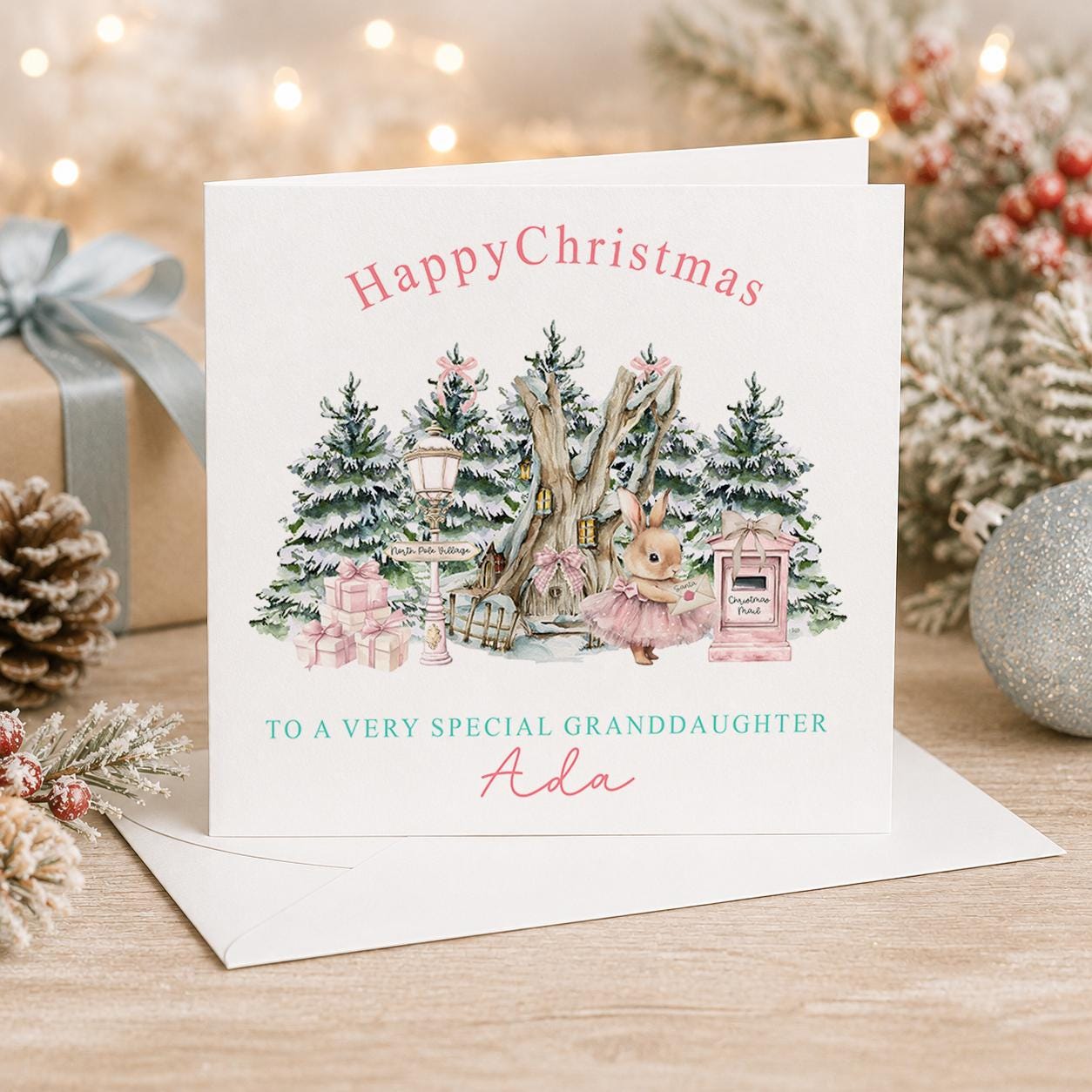 Personalised Christmas card, white 6x6 inch square card printed with a pink vintage toy scene, Happy Christmas and a name