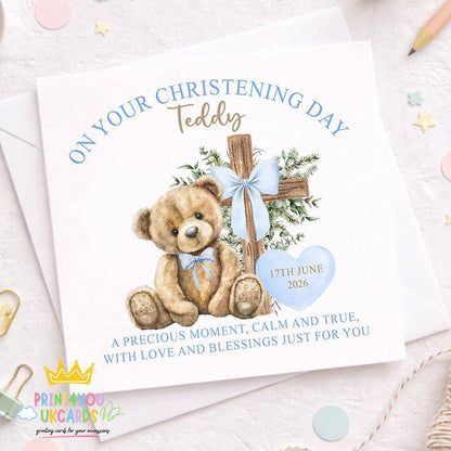 Personalised christening card for baby boy with teddy bear and blue accents