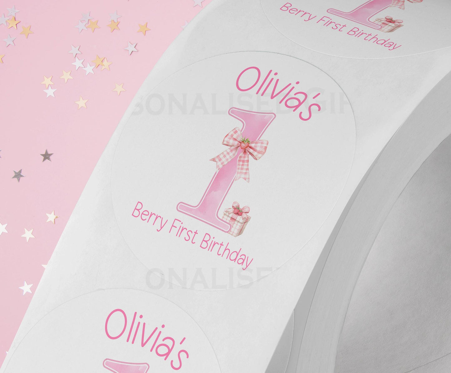 Personalised 'Berry ONE' birthday stickers printed on a strip, 5cm glossy white finish
