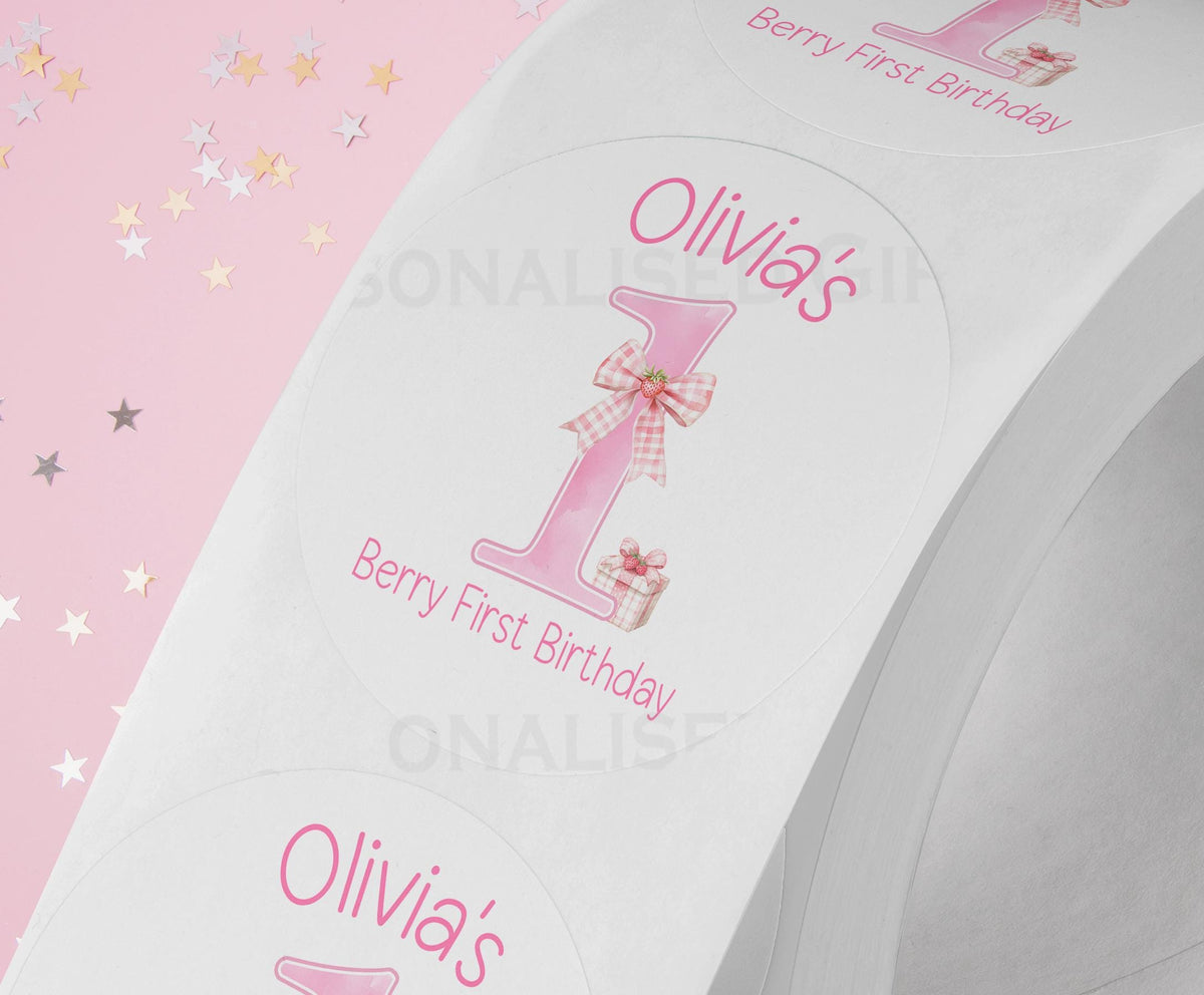 Personalised 'Berry ONE' birthday stickers printed on a strip, 5cm glossy white finish