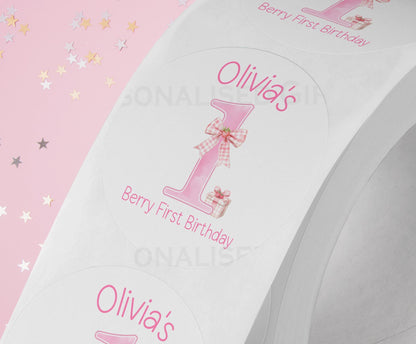 Personalised 'Berry ONE' birthday stickers printed on a strip, 5cm glossy white finish