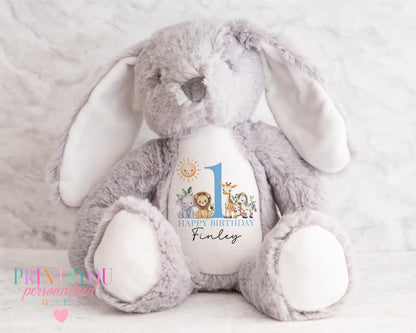 White personalised first birthday bunny soft toy with safari design printed on tummy