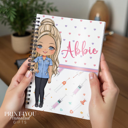 Personalised A5 nurse notebook with spiral binding, printed with a custom name and Nurse 5 character design