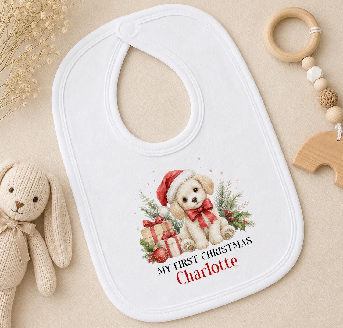 Personalised First Christmas Outfit, Puppy Dog Baby Vest Sleepsuit