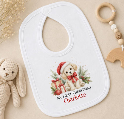 Personalised First Christmas Outfit, Puppy Dog Baby Vest Sleepsuit