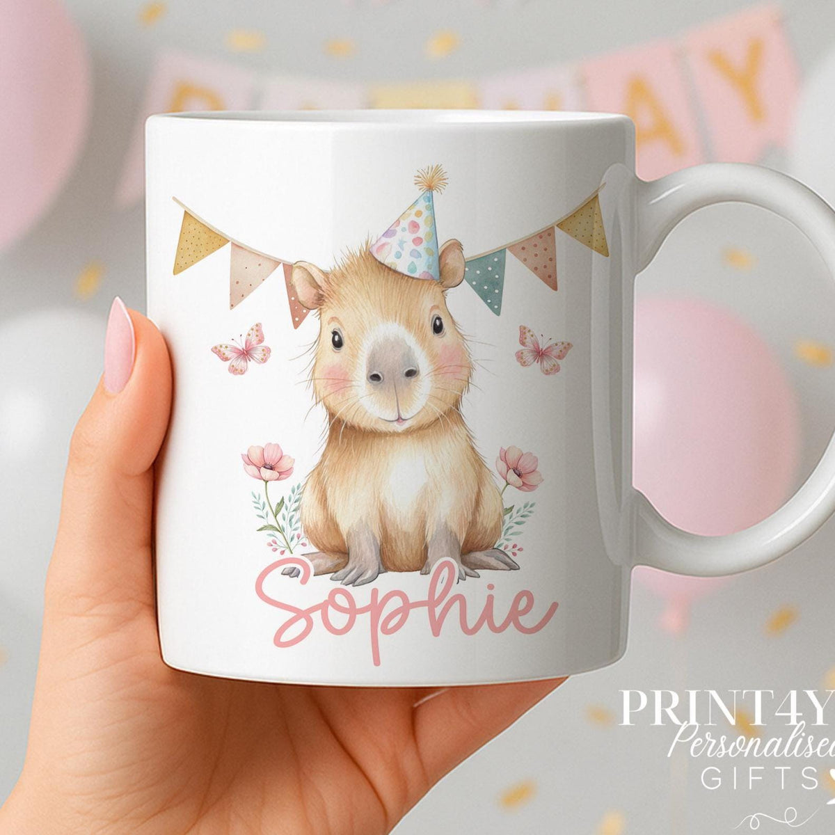 Personalised Birthday Capybara Mug – Custom Name Kids Ceramic Mug – Floral Design, Dishwasher Safe