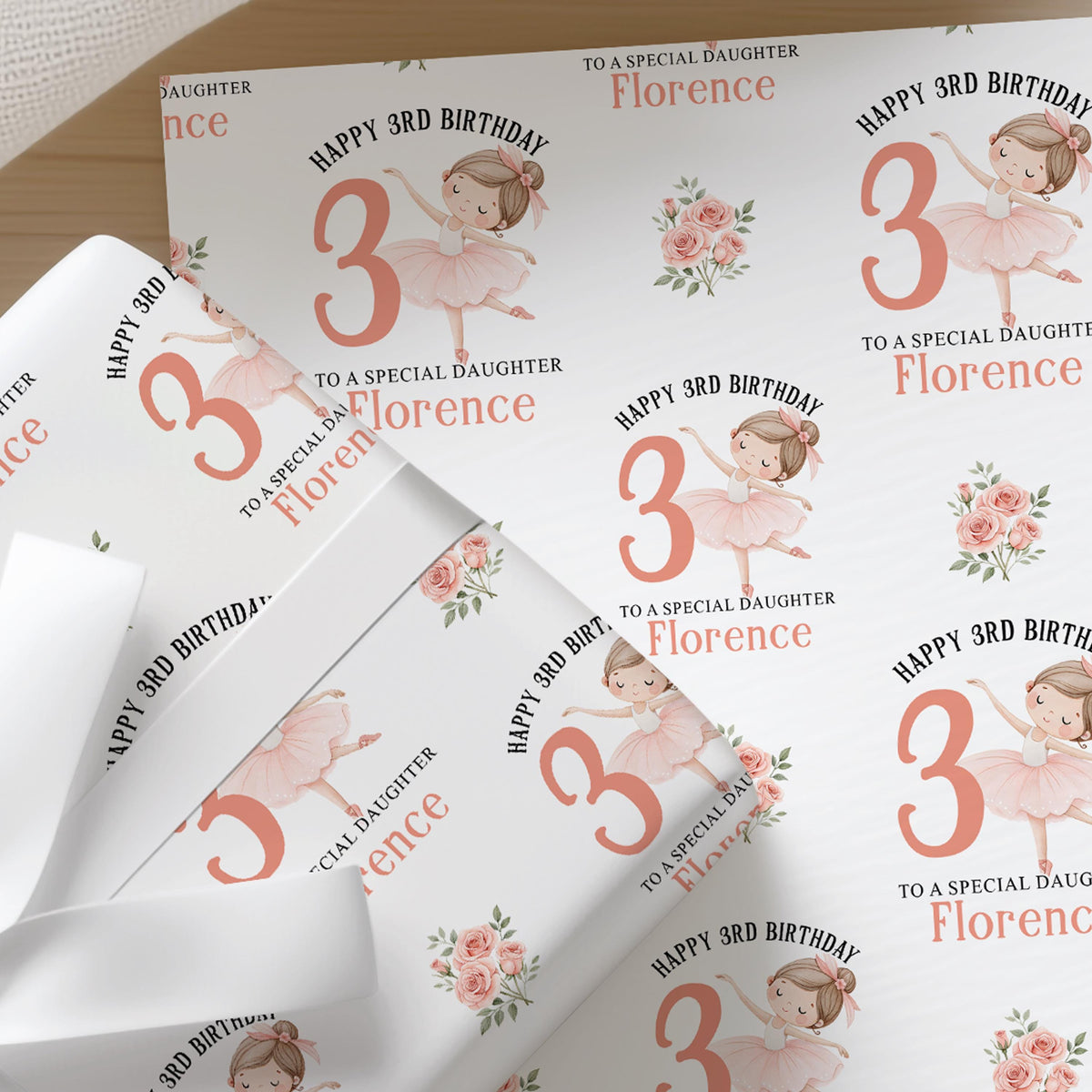 Personalised ballerina birthday wrapping paper featuring a twirling ballet dancer, custom name and age with elegant floral details.