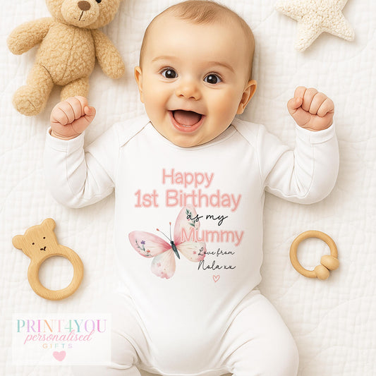 Personalised butterfly 1st Birthday Mummy bib, printed with your baby's chosen name.