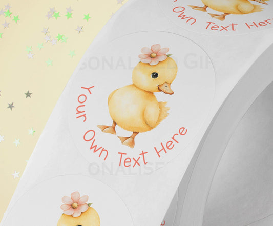 Personalised yellow duck and pink flower stickers, glossy 5cm strips of three in a cello bag
