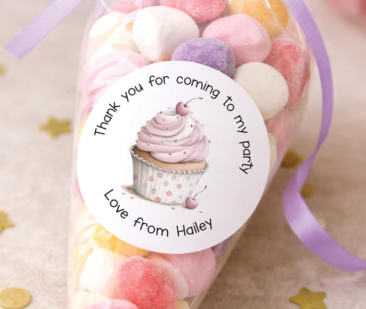 Sheet of personalised glossy round cupcake thank you stickers, 5cm