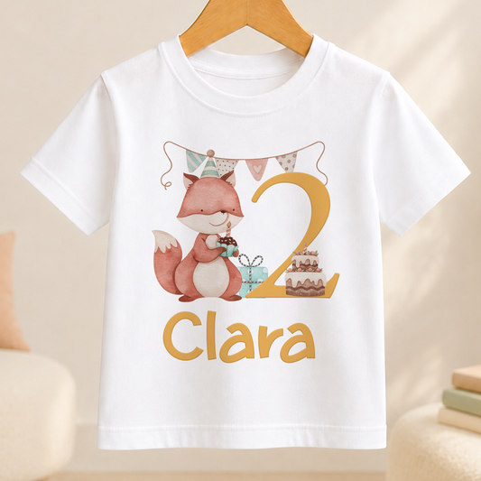 A white t-shirt with a cartoon fox and a birthday cake printed on it, along with the name "Clara" and the number "2".