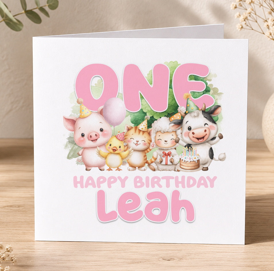 Square birthday card for Leah featuring illustrated farm animals - a pig, cat, cow and duck - reading 'One Happy Birthday'.