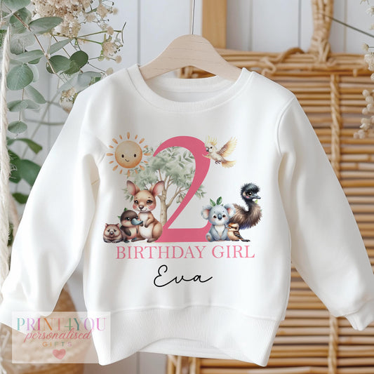 Personalised Birthday Girl Jumper or T – Shirt – Custom Age & Name – Soft White – DTG Printed – Animal Design – Sizes 6m to 10yrs - 6-12  months