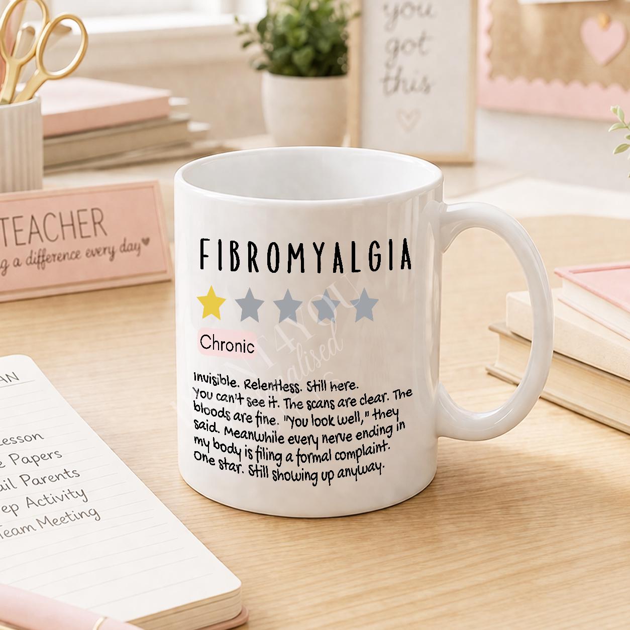 Close-up of the fibromyalgia awareness design printed on the mug