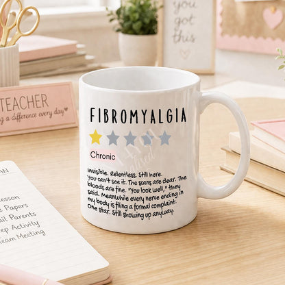 Close-up of the fibromyalgia awareness design printed on the mug