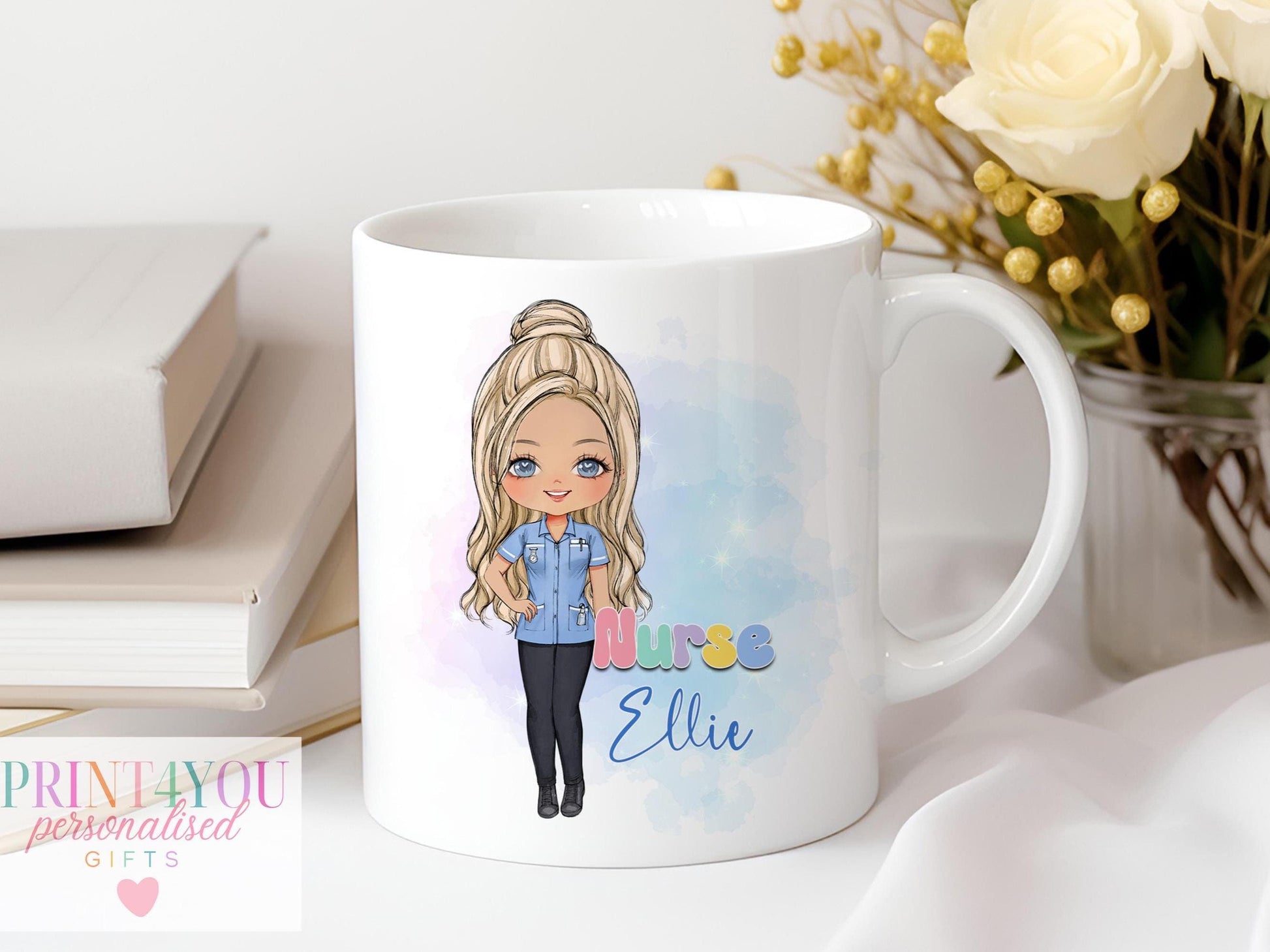 Personalised ceramic nurse mug showing one of the seven available design options