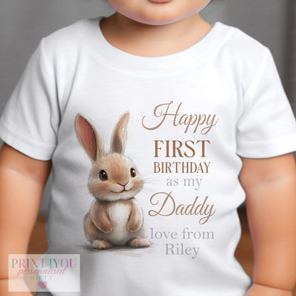 Close-up of the watercolour Daddy Bunny design and brown script name on a personalised first birthday baby vest.