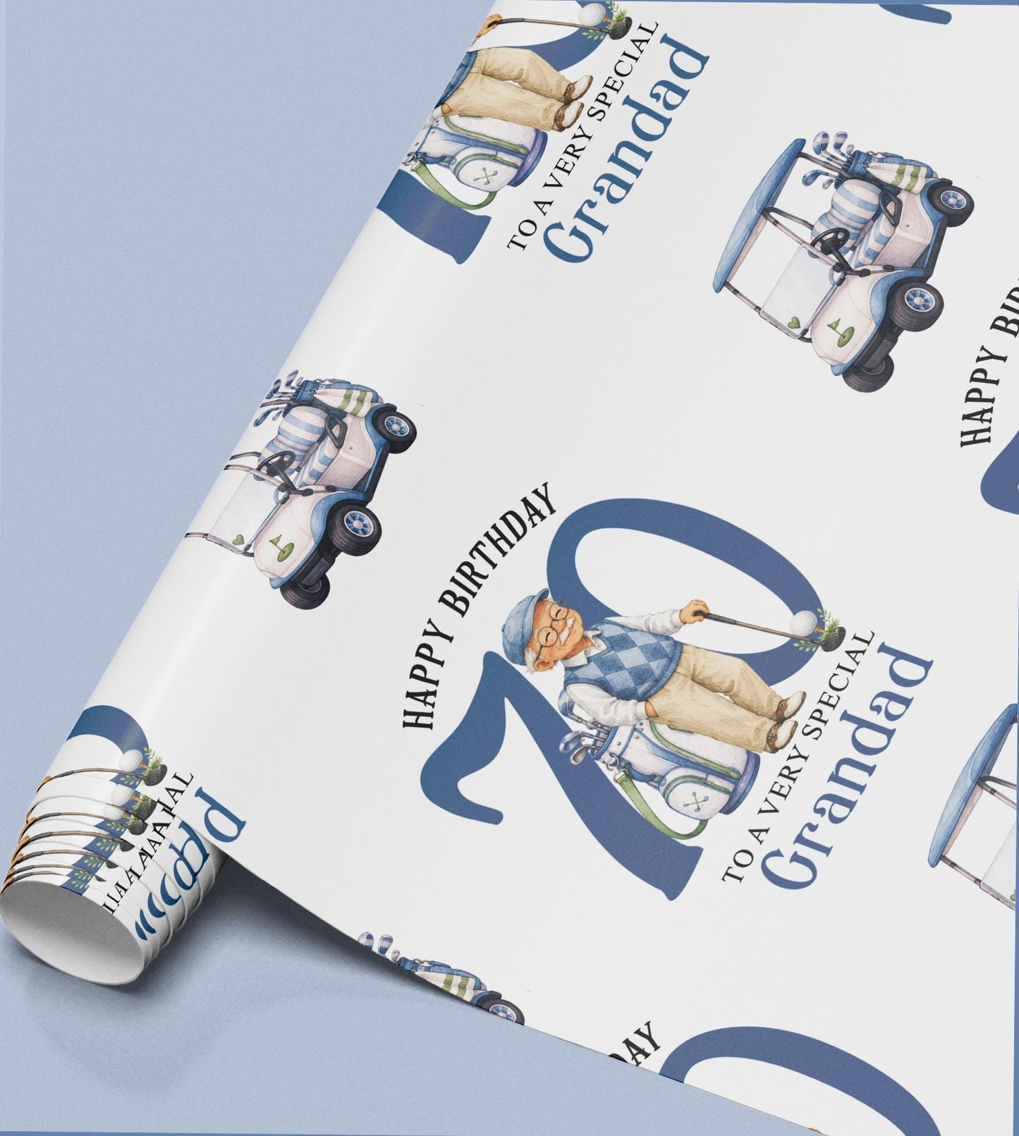 Personalised golf wrapping paper shown wrapped around a gift box to demonstrate the finished look.