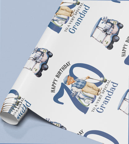 Personalised golf wrapping paper shown wrapped around a gift box to demonstrate the finished look.
