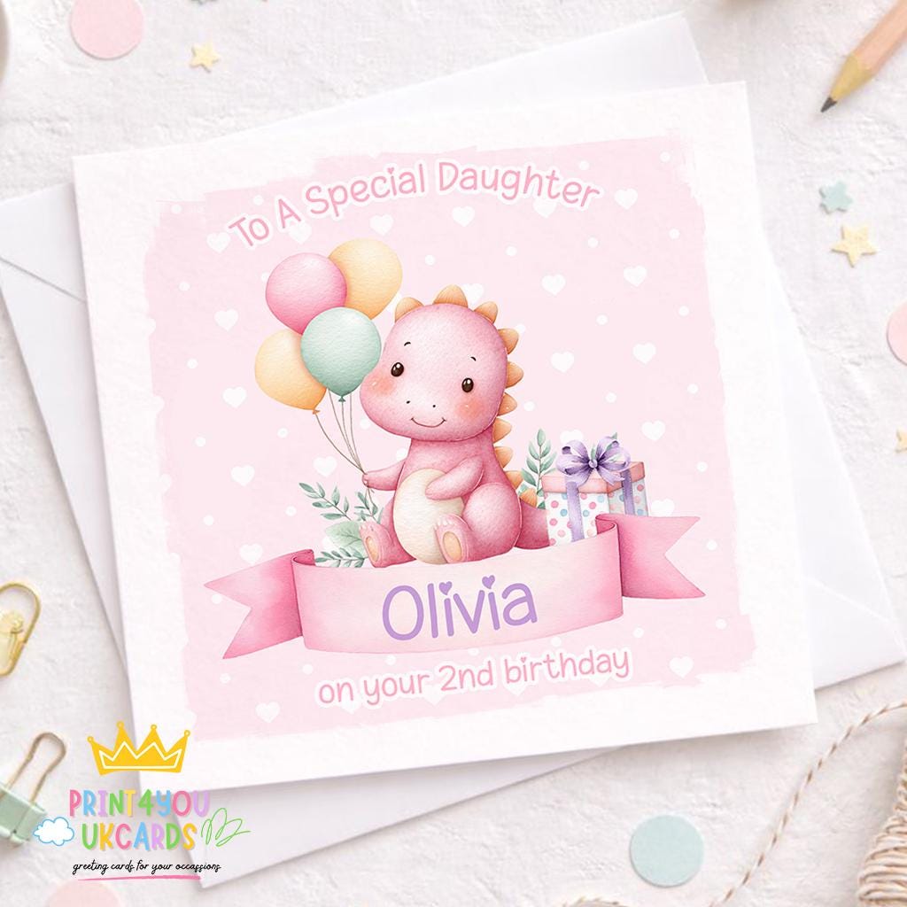 Square personalised girls birthday card with pink dinosaur design, name and age