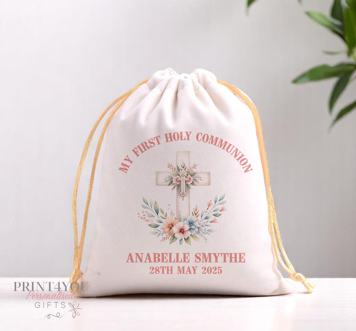 Personalised velvet rosary pouch with drawstring closure, close-up of fabric