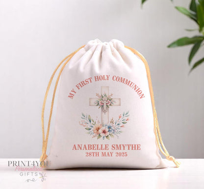 Personalised velvet rosary pouch with drawstring closure, close-up of fabric