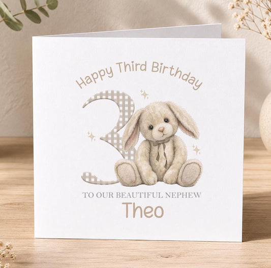 Personalised bunny birthday card, white 6x6 inch square card printed with a grey watercolour bunny, a large age number, a relation and a name