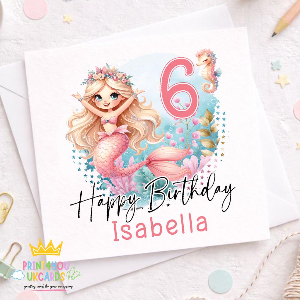 Square birthday card front featuring an illustrated mermaid design, personalised with a girl's name and age