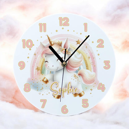Personalised white gloss acrylic wall clock with unicorn and rainbow design, 24.5cm wide