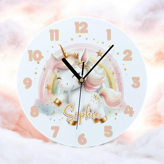 Personalised white gloss acrylic wall clock with unicorn and rainbow design, 24.5cm wide