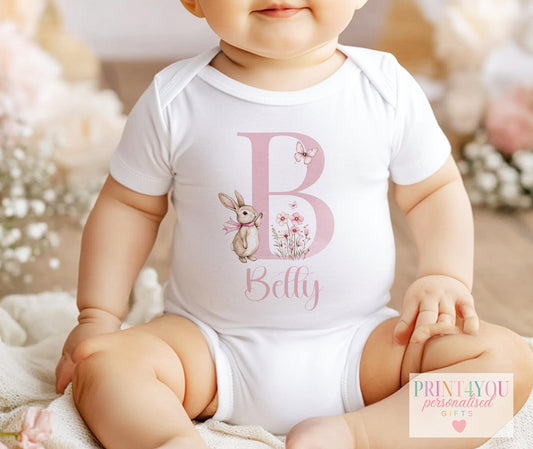 Personalised floral bunny bib, printed with baby's name.