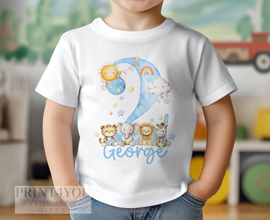 Personalised safari birthday t-shirt with jungle animal print and custom name and age