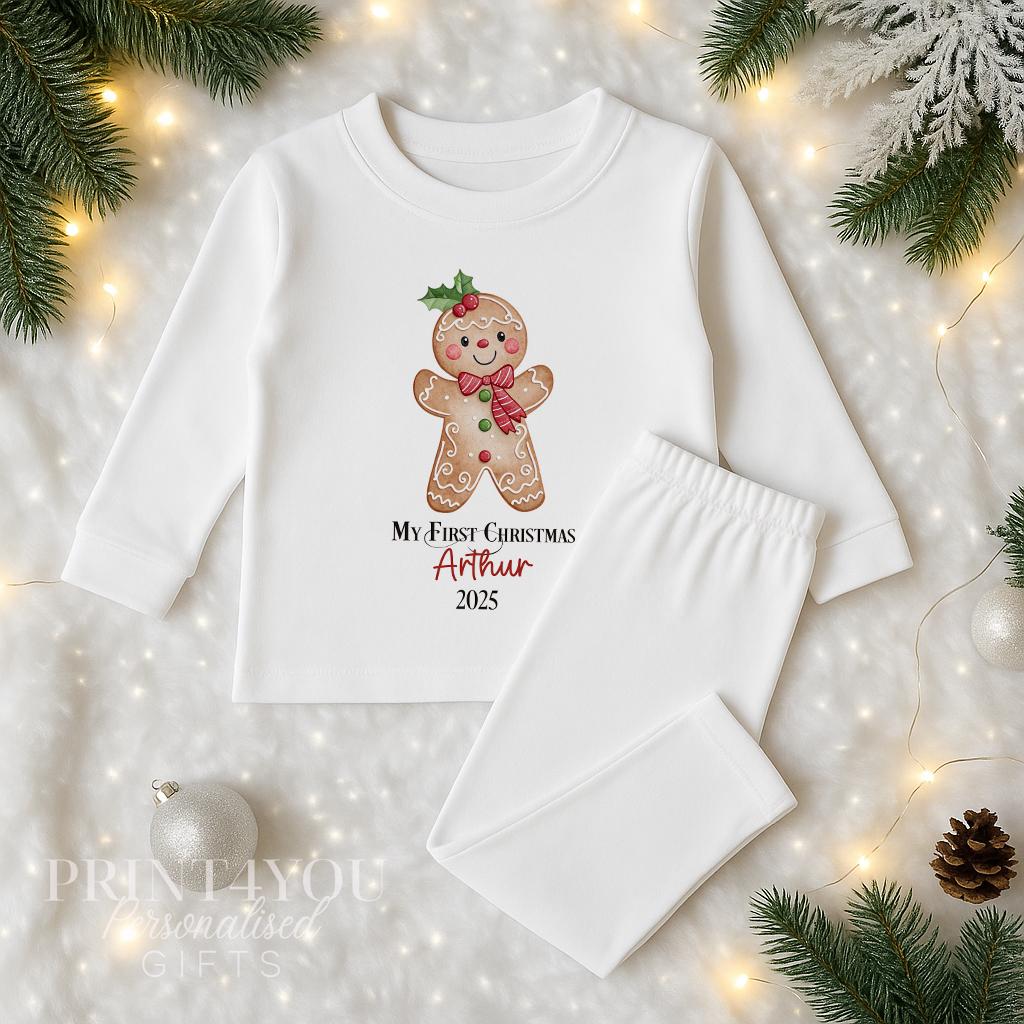 Personalised Gingerbread Christmas Baby Outfit – Vest, Sleepsuit & Bib Gift Set, Custom Name