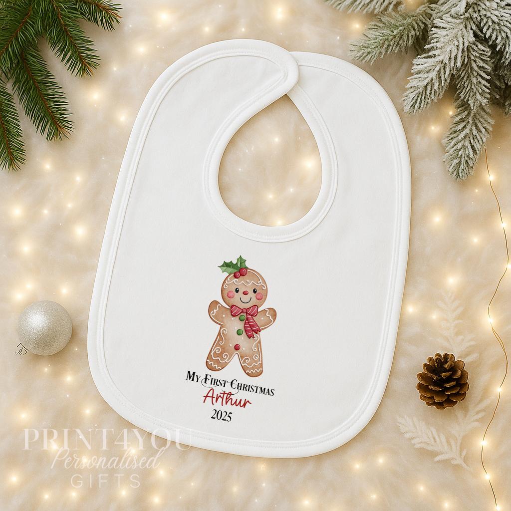 Personalised Gingerbread Christmas Baby Outfit – Vest, Sleepsuit & Bib Gift Set, Custom Name