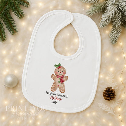 Personalised Gingerbread Christmas Baby Outfit – Vest, Sleepsuit & Bib Gift Set, Custom Name