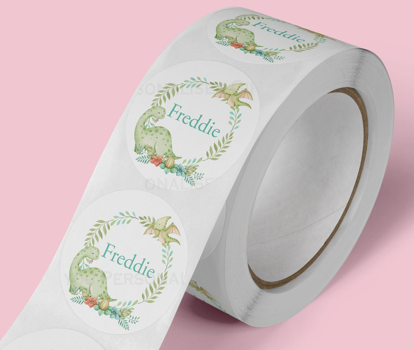 Personalised dinosaur wreath text stickers, glossy 5cm strips of three in a cello bag