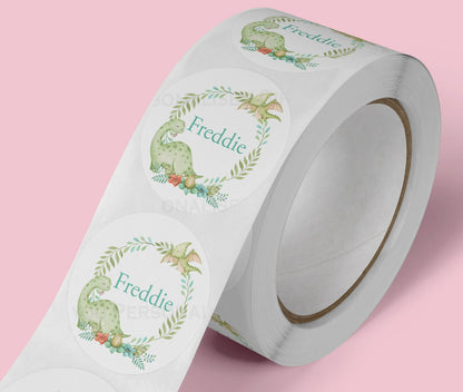 Personalised dinosaur wreath text stickers, glossy 5cm strips of three in a cello bag