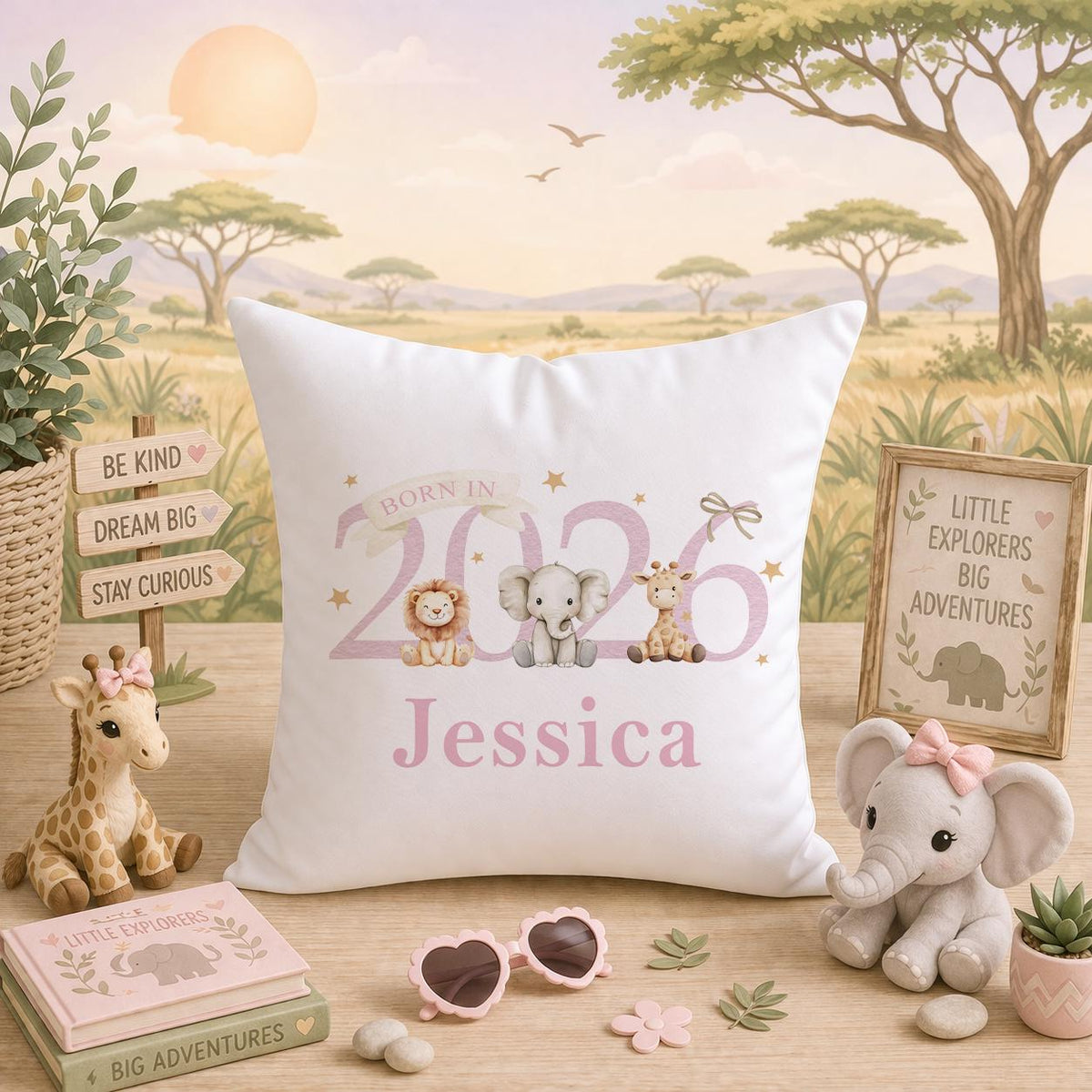 Personalised safari baby cushion, keepsake pillow for nursery decor