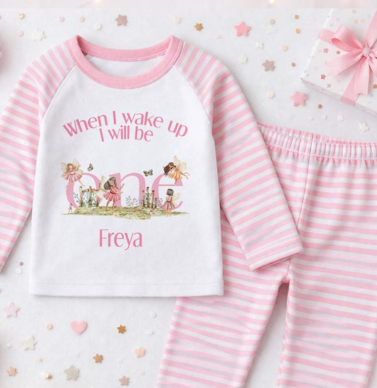 Personalised fairy birthday pyjama gift set with custom name, soft pink cotton